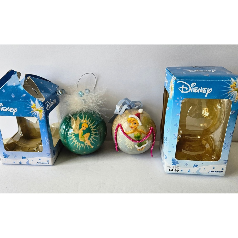 Disney TINKERBELL Sphere Christmas Tree Ornaments SET OF‎ 2 - Beaded Faux Fur